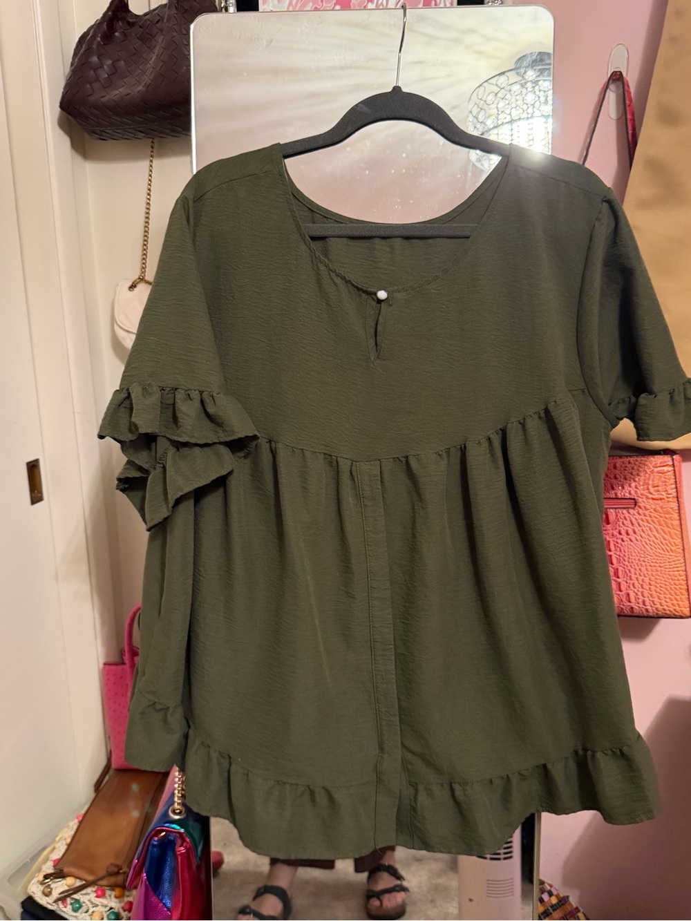 Olive Green Ruffle Sleeve Women's Top - Casual Layered Blouse